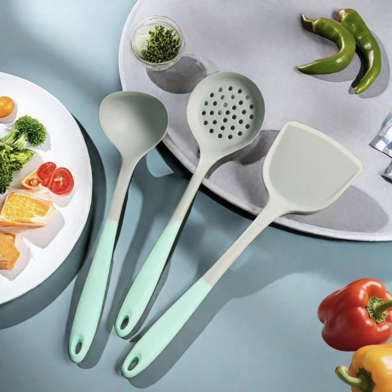 Gray-green silicone spatula household kitchen high temperature resistant non-stick pan silicone soup spoon spatula slotted spoon color matching kitchen utensil set