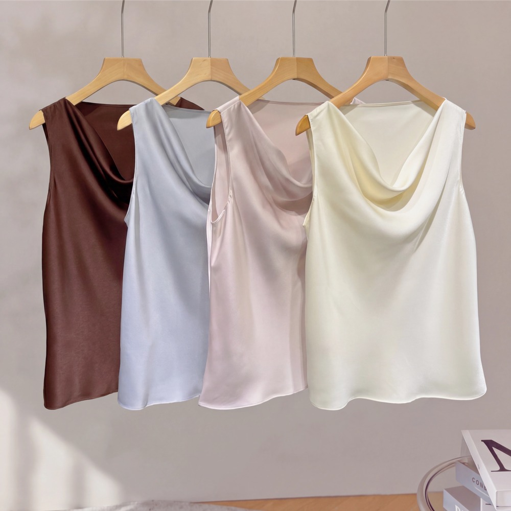 Acetate satin halter top women summer new feminine draped collar sleeveless vest cami