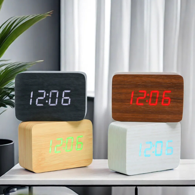 Wooden electronic alarm clock, voice-activated silent clock, LED gift clock, student desktop electronic clock