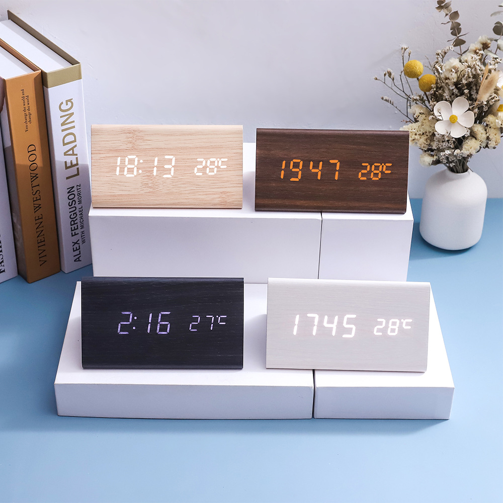 Alarm clock wooden student smart clock, silent bedside night light electronic clock, wake-up desktop children's wooden clock