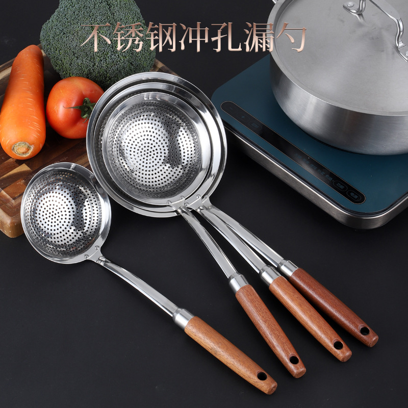 304 stainless steel beech wood handle large slotted spoon long handle hot pot frying skimmer/large size draining filter large slotted spoon kitchenware