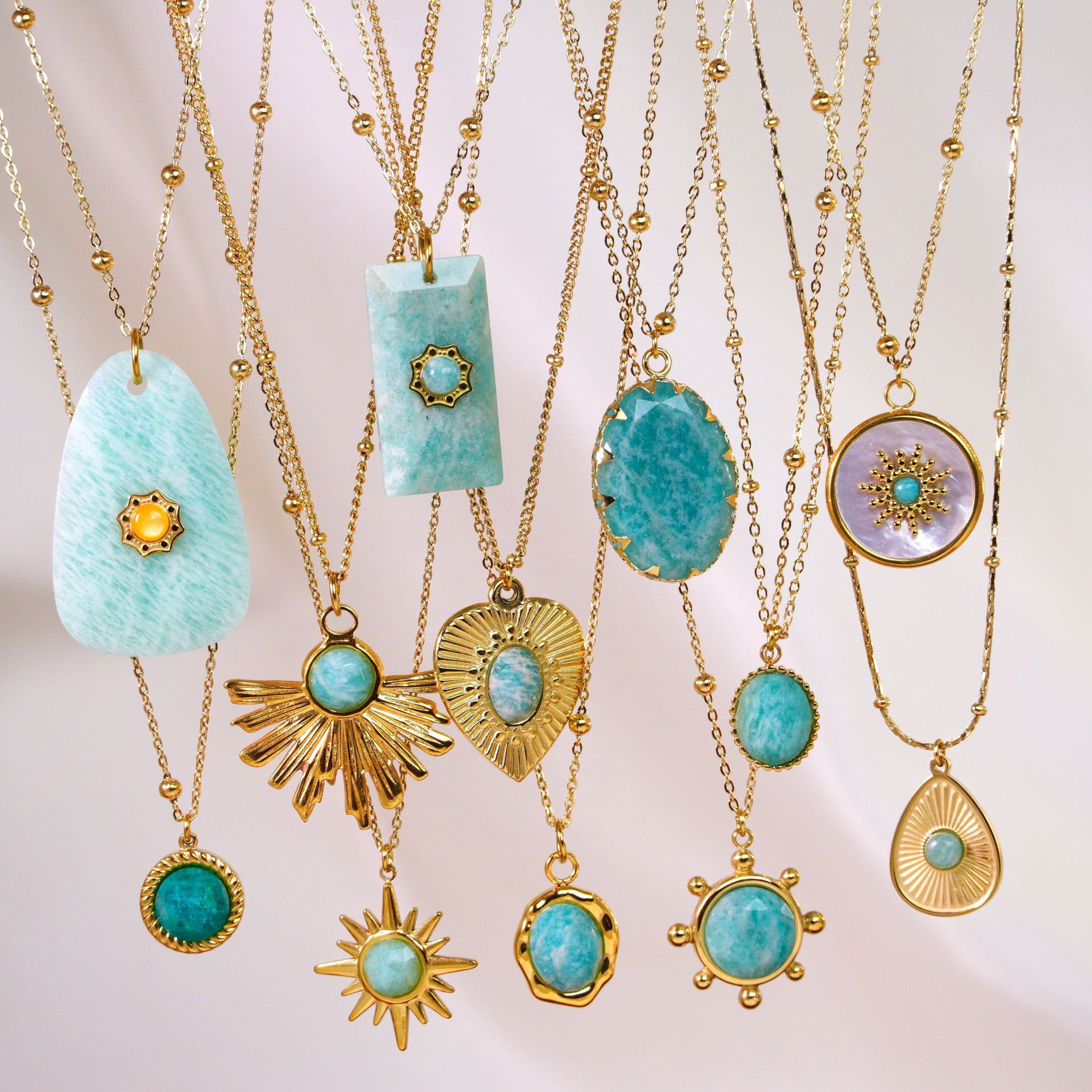 Blue Series Amazonite Stainless Steel 14K Gold Necklace Simple Handmade Necklace