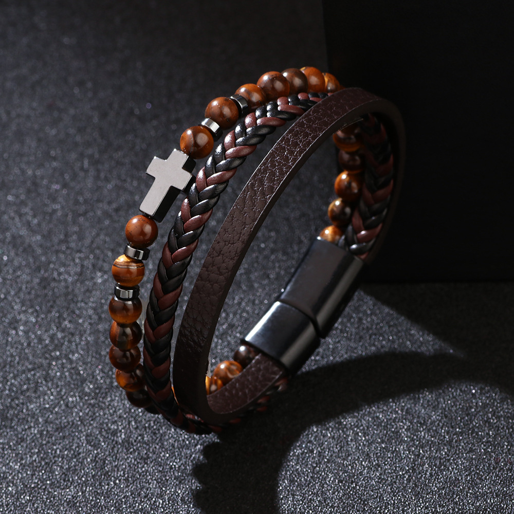 Cross Multi-layer Black Agate Bracelet New Woven PU Leather Tiger Eye Stone Matte Stone Bracelet