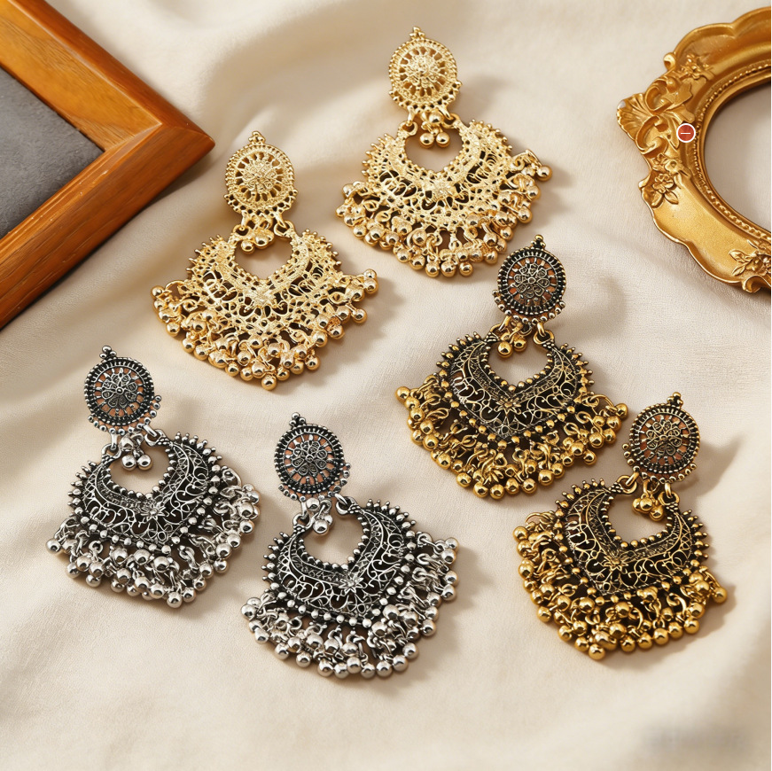 Bohemian ethnic style earrings for women hollow heart ear studs long bell Indian accessory