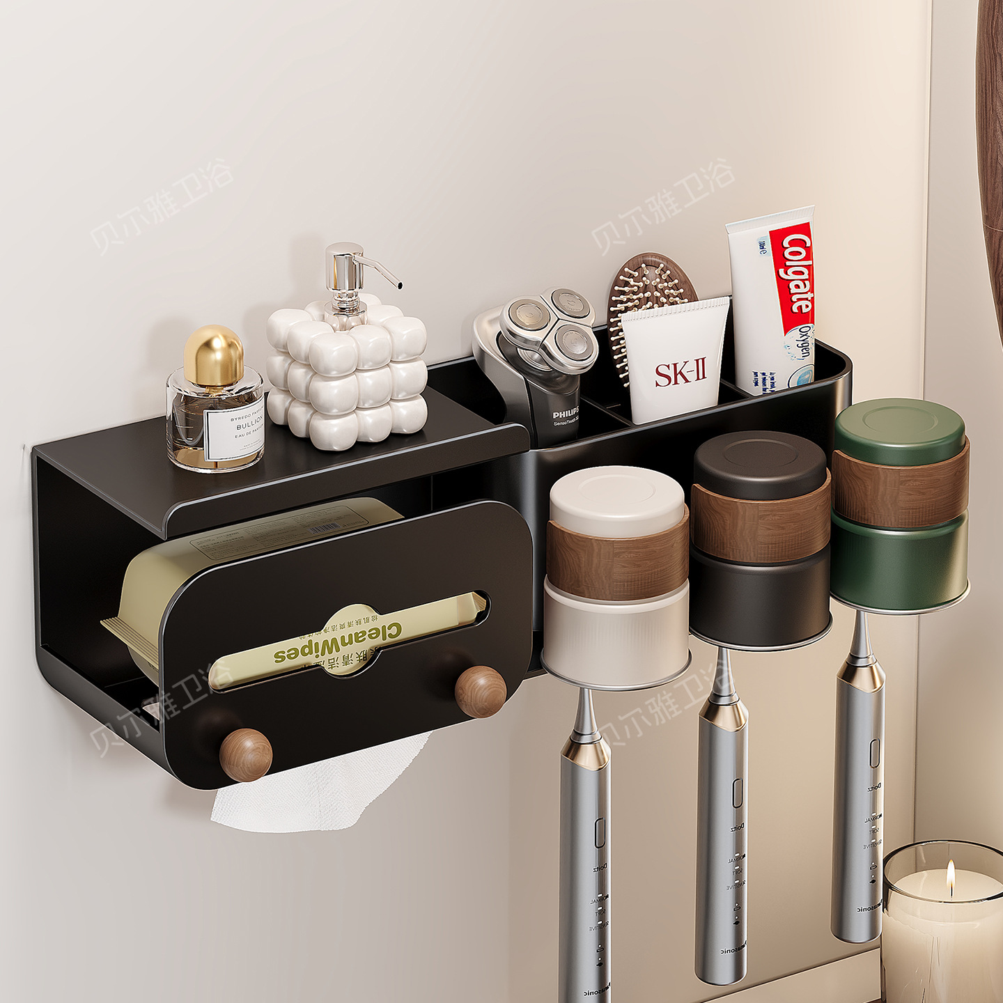 Bathroom toothbrush storage rack washbasin hanging no-drilling mouthwash cup toilet paper holder multifunctional combination storage