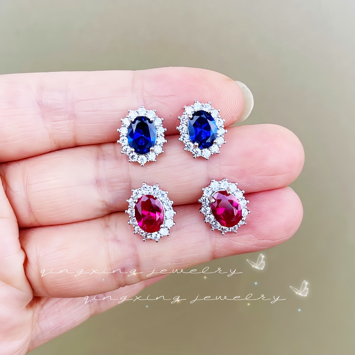 Lady Diana Pigeon Egg Ear Studs Royal Synthetic Sapphire Spinel Red Corundum Ear Jewelry