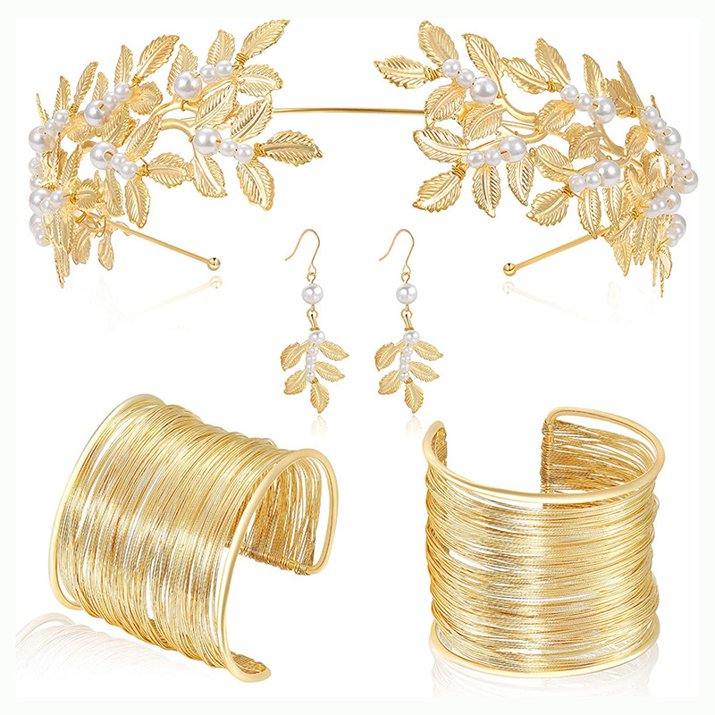 Headband earring bracelet set leaf pearl headband exquisite bridal hair accessory