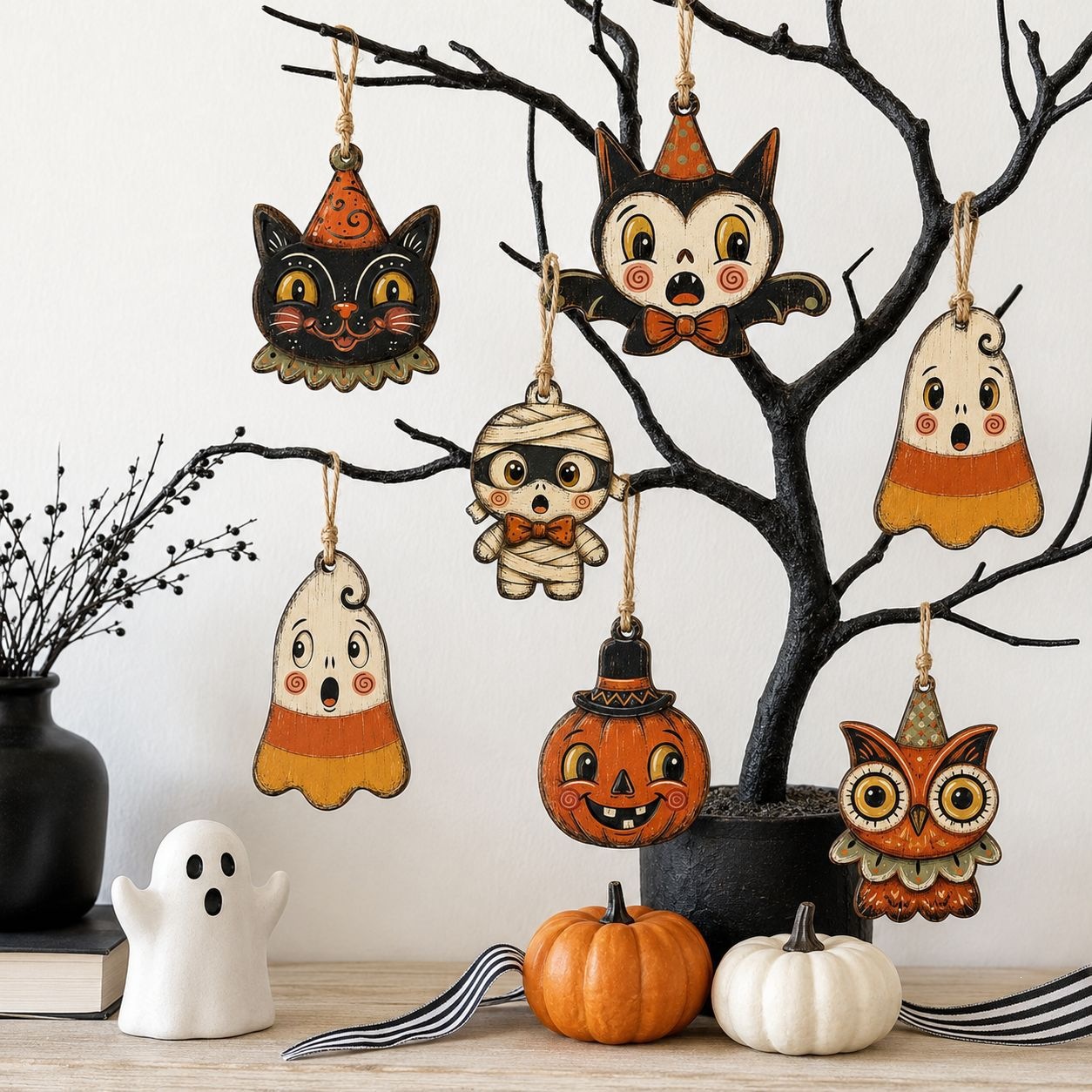 Halloween Wooden Color Print Hanging Ornament Pumpkin Black Cat Ghost Mummy Small Hanging Decoration Home Wall Branch Decoration