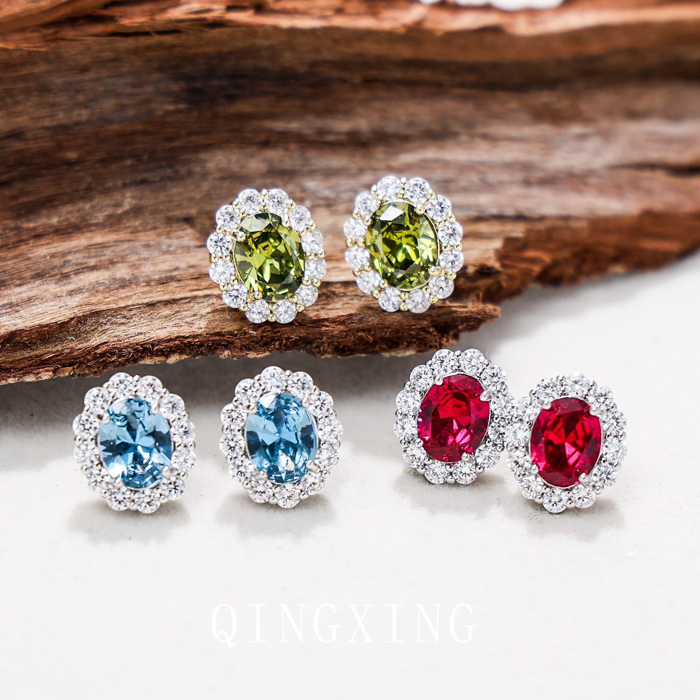 S925 Pure Silver Needle Red Corundum Light Blue Spinel Ear Studs Fresh Olive Zirconia Closed Back Ear Jewelry Women's