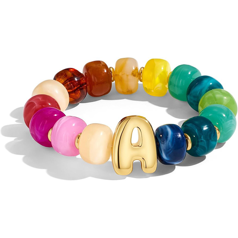 New Colorful Resin Barrel Bead Elastic Bracelet Women's Copper Letter Pendant Beaded Bracelet