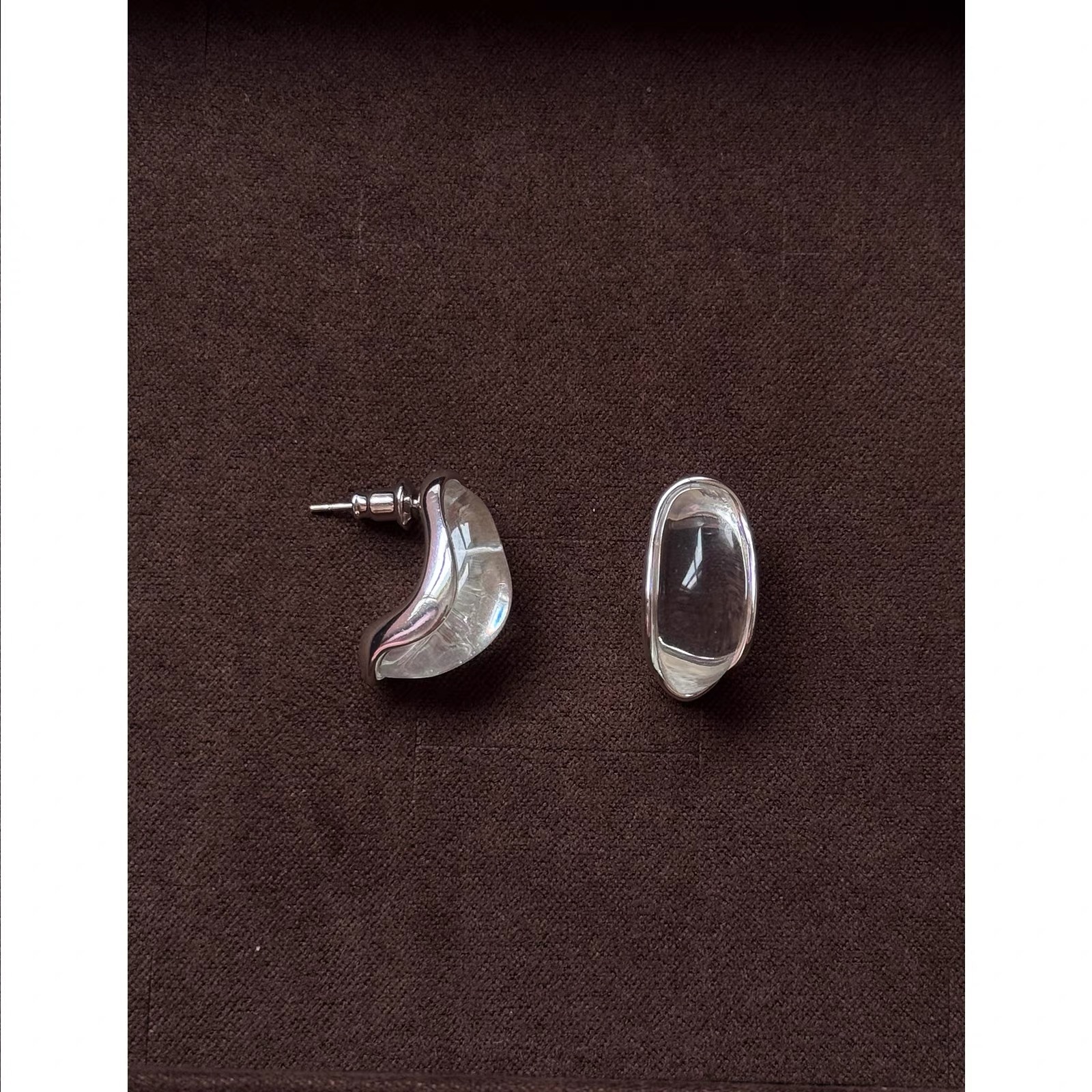 Simple C circle earrings, delicate arc earrings, 925 silver needle transparent琉璃 drop earrings