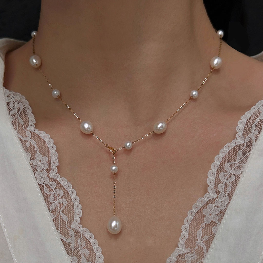Natural Pearl Starry Sky Necklace Women Staggered Size Beads Spaced Pendant Sweater Chain