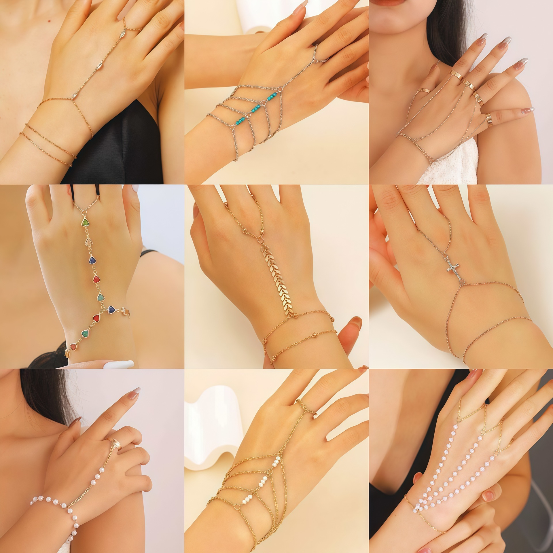 Chain Ring Bracelet Butterfly Heart Pearl Connected Finger Ring Hip Hop Exaggerated One-Piece Hand Jewelry