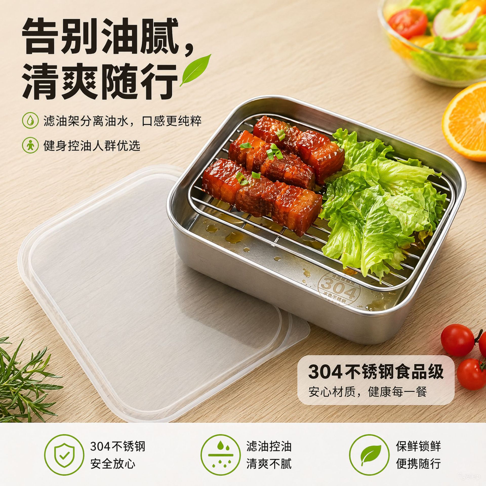 Stainless steel fresh-keeping box commercial cold storage box with lid oil filter rack refrigerator storage box rectangular sealed lunch box