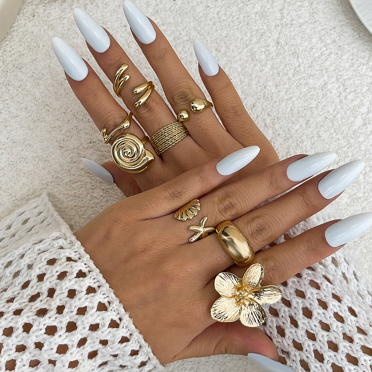 Ocean resort style conch shell ring set metal flower open ring for women