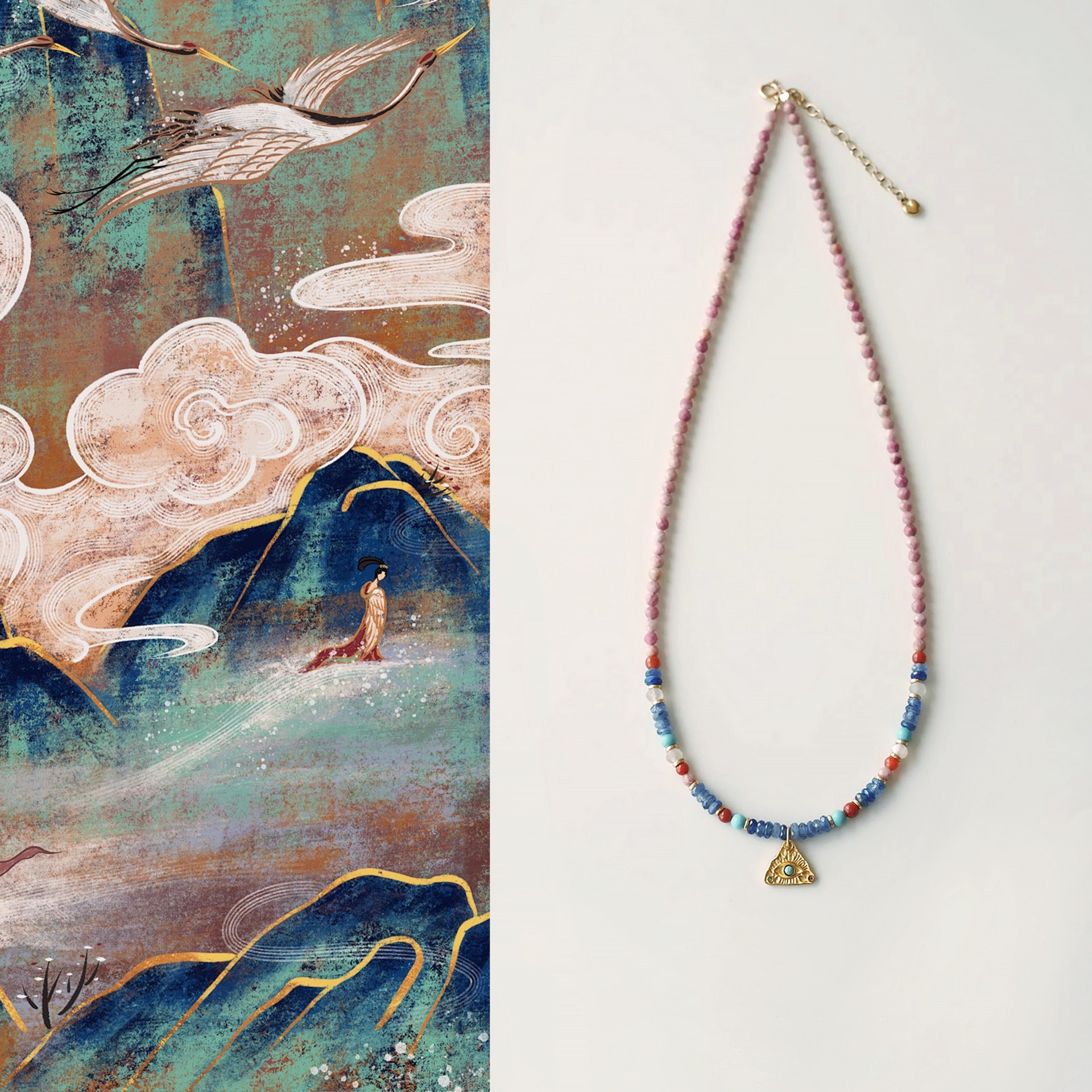 New Chinese-style Dunhuang style natural stone bead necklace for women, summer ethnic national style colorful dopamine collarbone chain