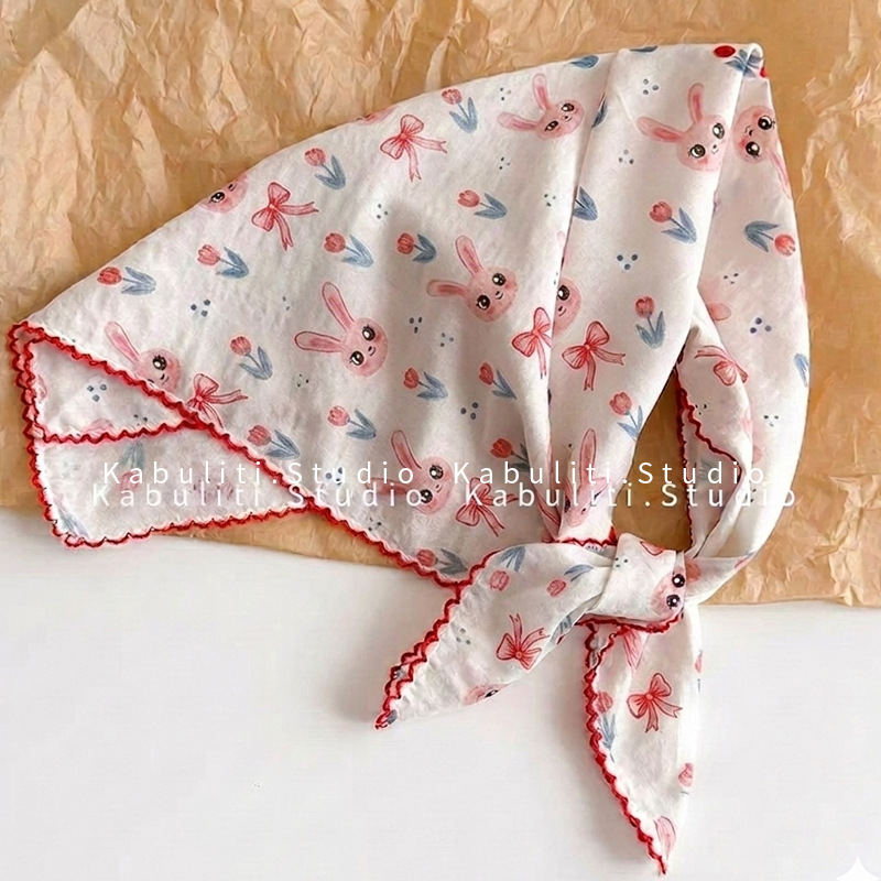 58*58 cotton linen small square scarf, fresh floral neck protection small scarf for girls, hair band