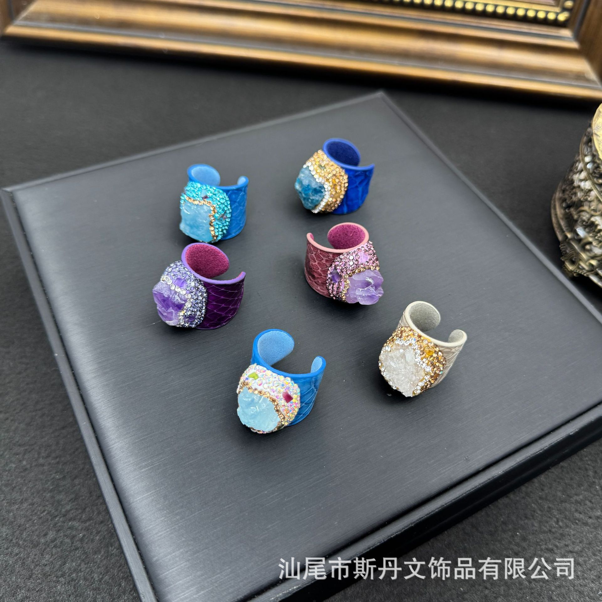 New Natural Amethyst Raw Stone Genuine Leather Ring Niche Handcrafted Inlay Ring Live Stream