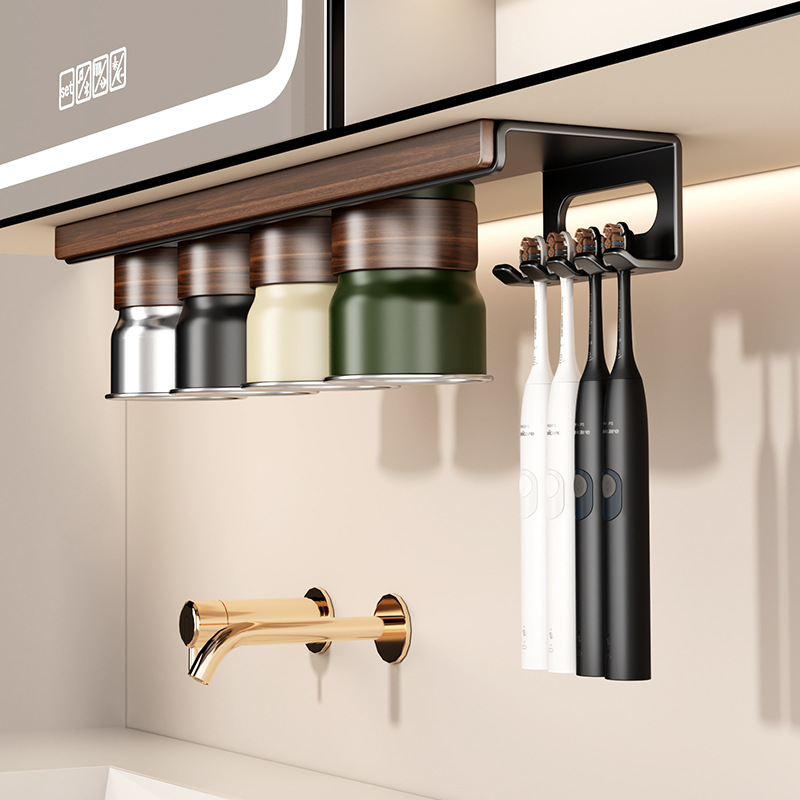 No-Drill Toothbrush Holder Under Mirror Cabinet Stainless Steel Mouthwash Cup Rack Wall-Mounted Bathroom Toothbrush Cup Sink
