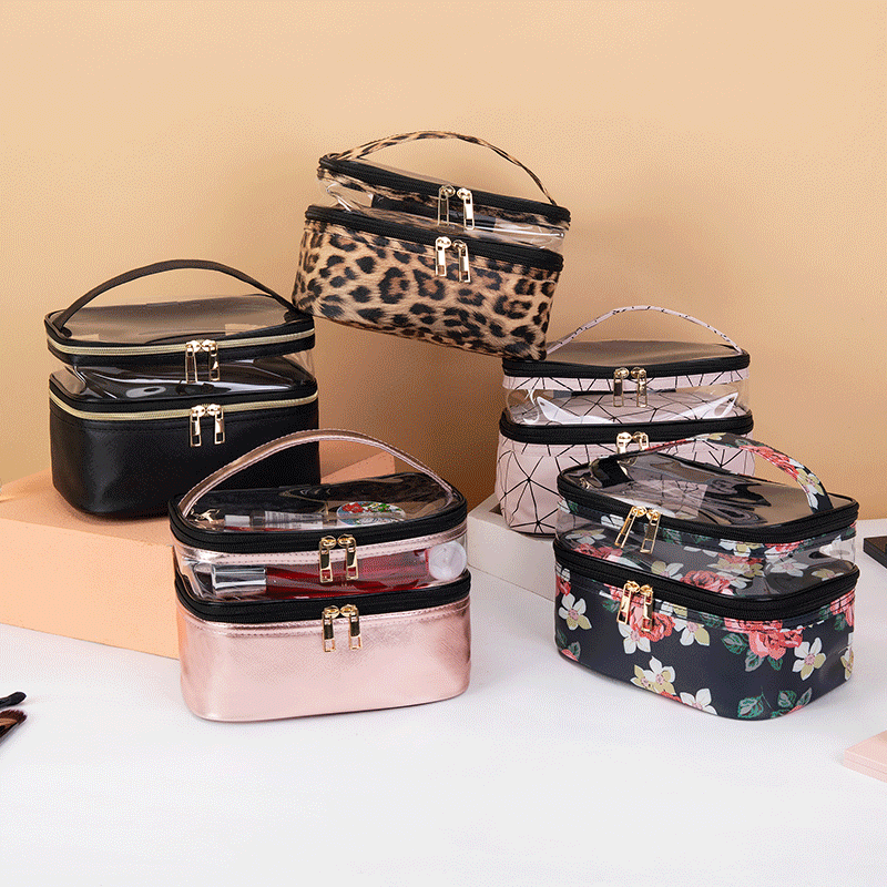 New Metal Transparent Double-Layer Cosmetic Bag Multifunctional Handheld Waterproof Toiletry Bag Storage Bag