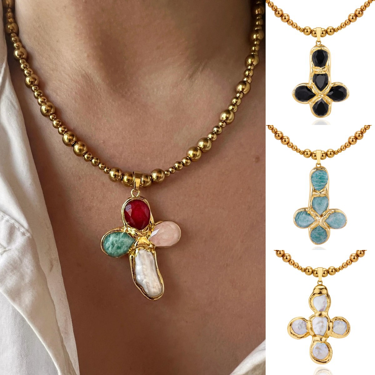 Titanium steel pebble effect oil-plated cross pendant necklace colorful accessory