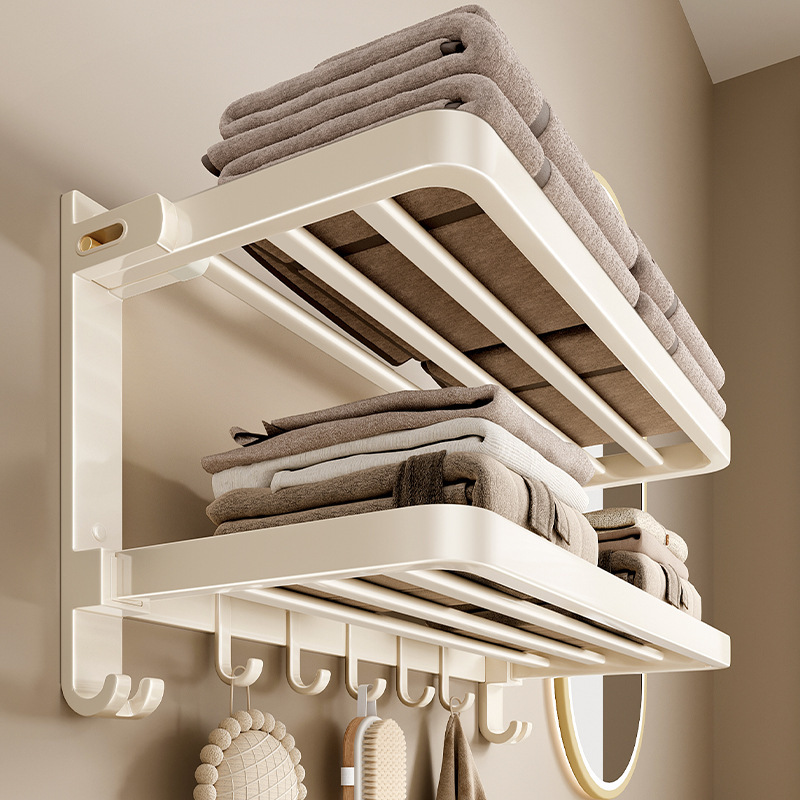 Cream style bathroom towel storage rack bathroom bath towel storage rack no-drill space aluminum foldable towel rack