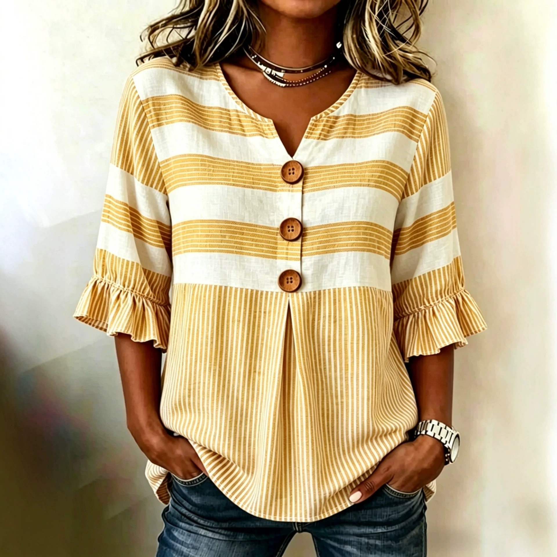 2026 Independent Station Summer New Plaid Striped Print Half Sleeve Button Top
