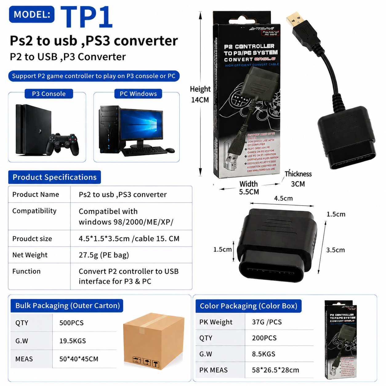 P2 to P3 Converter USB TO PS3/PC Controller Adapter P2 Game Controller Converter