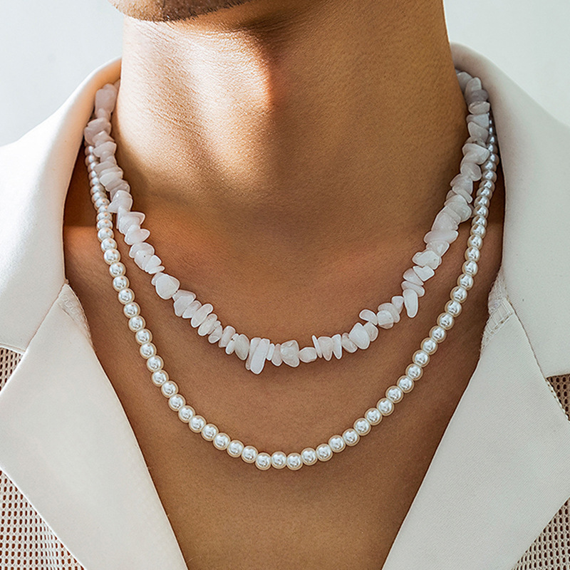 Rongshang Crushed Stone Imitation Pearl Necklace for Men Hip-Hop Beaded Clavicle Chain Accessory