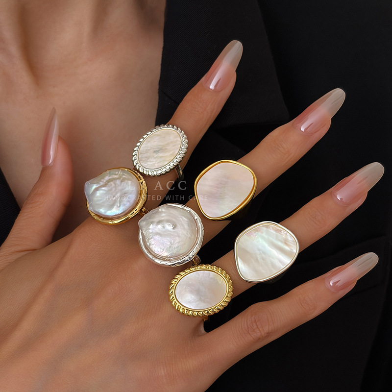 Natural Texture Mother-of-Pearl Round Index Finger Ring Shell Ring