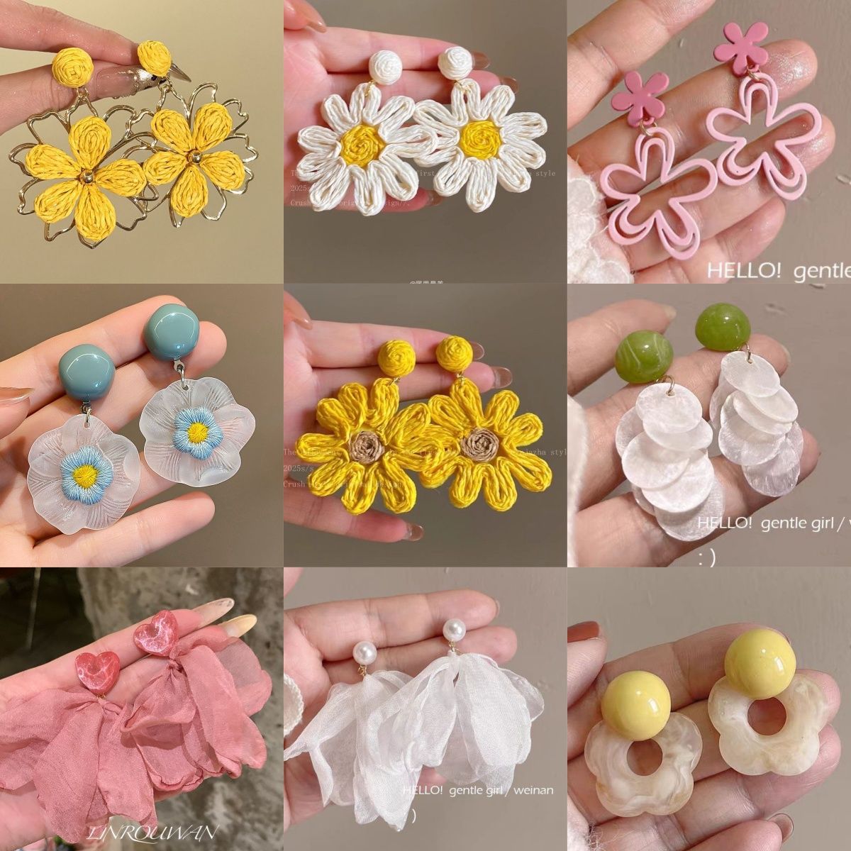 Dopamine Woven Flower Earrings for Women Summer Seaside Vacation Style Accessories Pink Stud Earrings