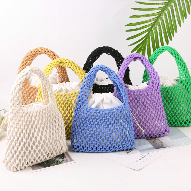 Daily simple cotton mesh handbag, hollow woven handbag, fresh colorful woven handbag
