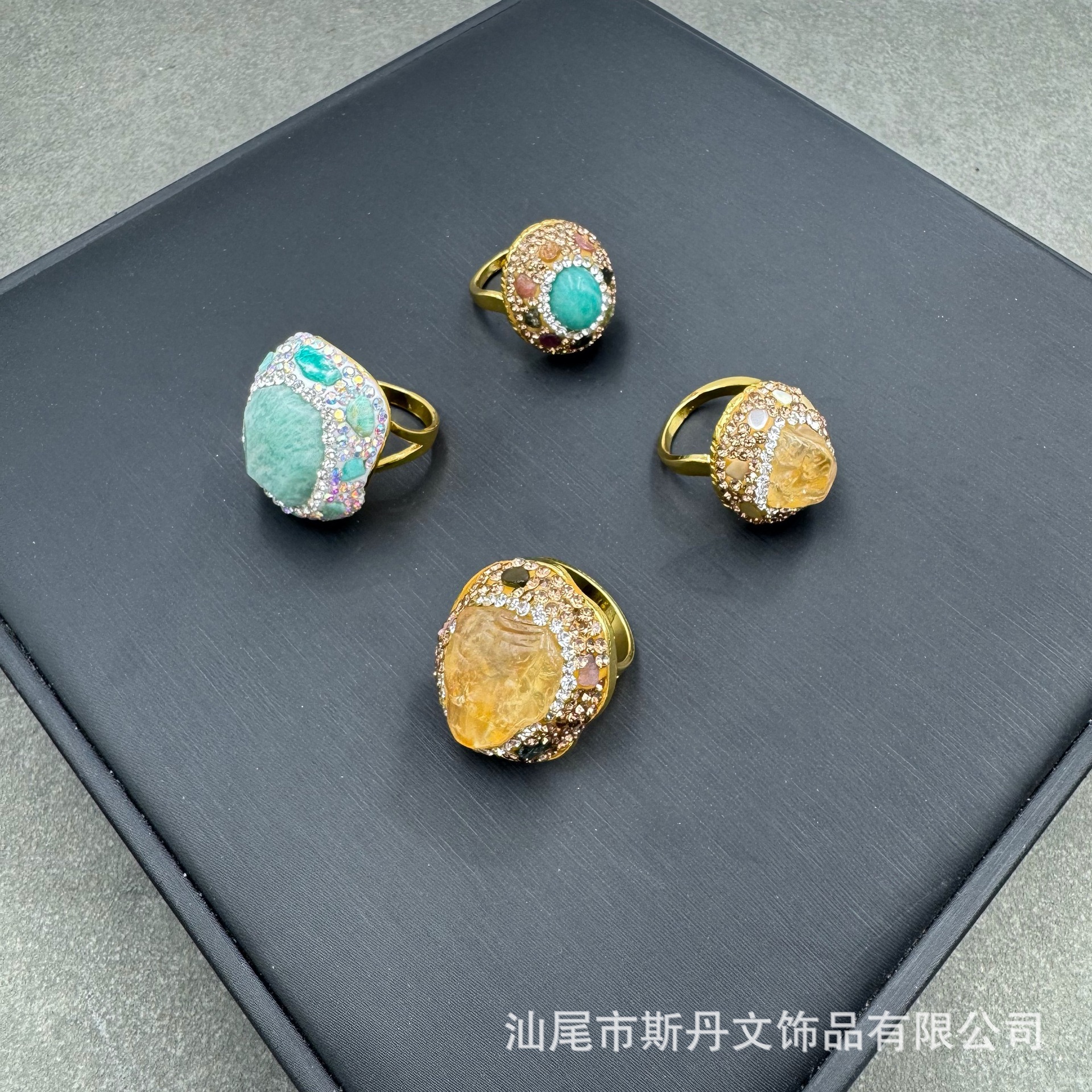 New Natural Raw Gemstone Amazonite Ring Citrine Raw Stone Inlay Ring