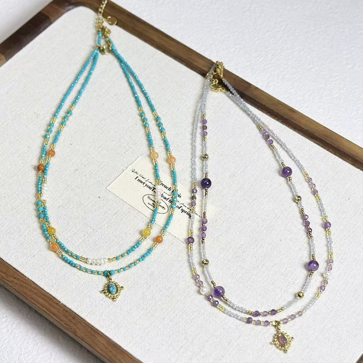 Court Style Amethyst Beaded Necklace Forest Style Turquoise Freshwater Pearl Collarbone Chain Full Titanium Steel Necklace