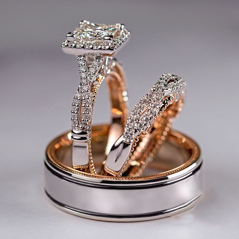 Cao Shi Three-Piece Ring Set Rose Gold Two-Tone Shining Zircon Ring Women's Luxurious Engagement Ring
