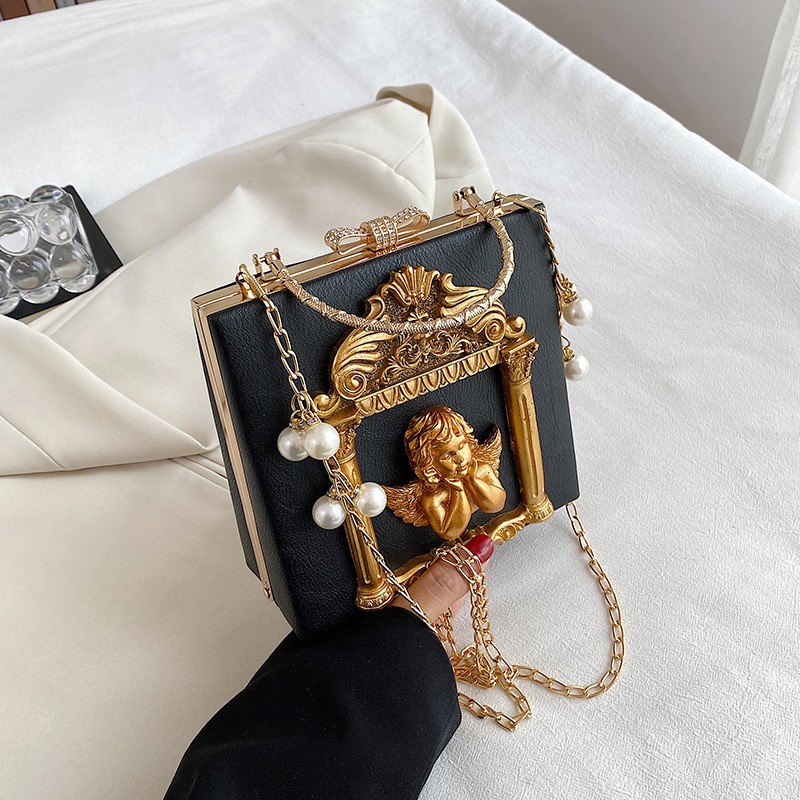 New Women's Bag Baroque Relief Angel Flower Handheld Chain Bag Niche Shoulder Crossbody Bag