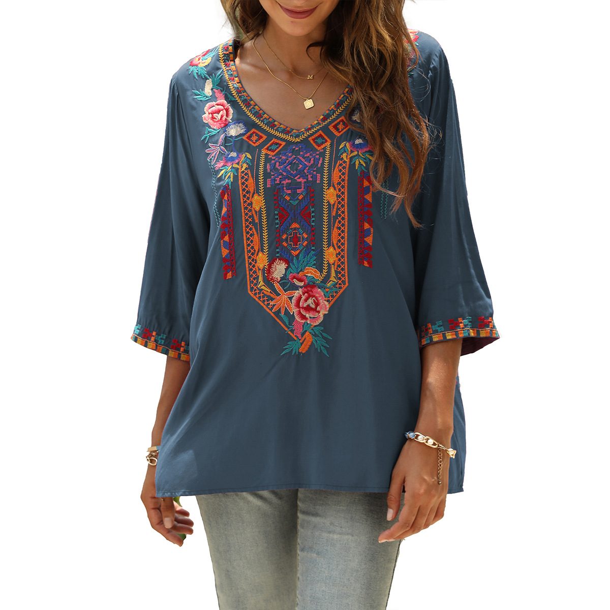 Women's heavy embroidery V-neck seven-point sleeve loose shirt #328