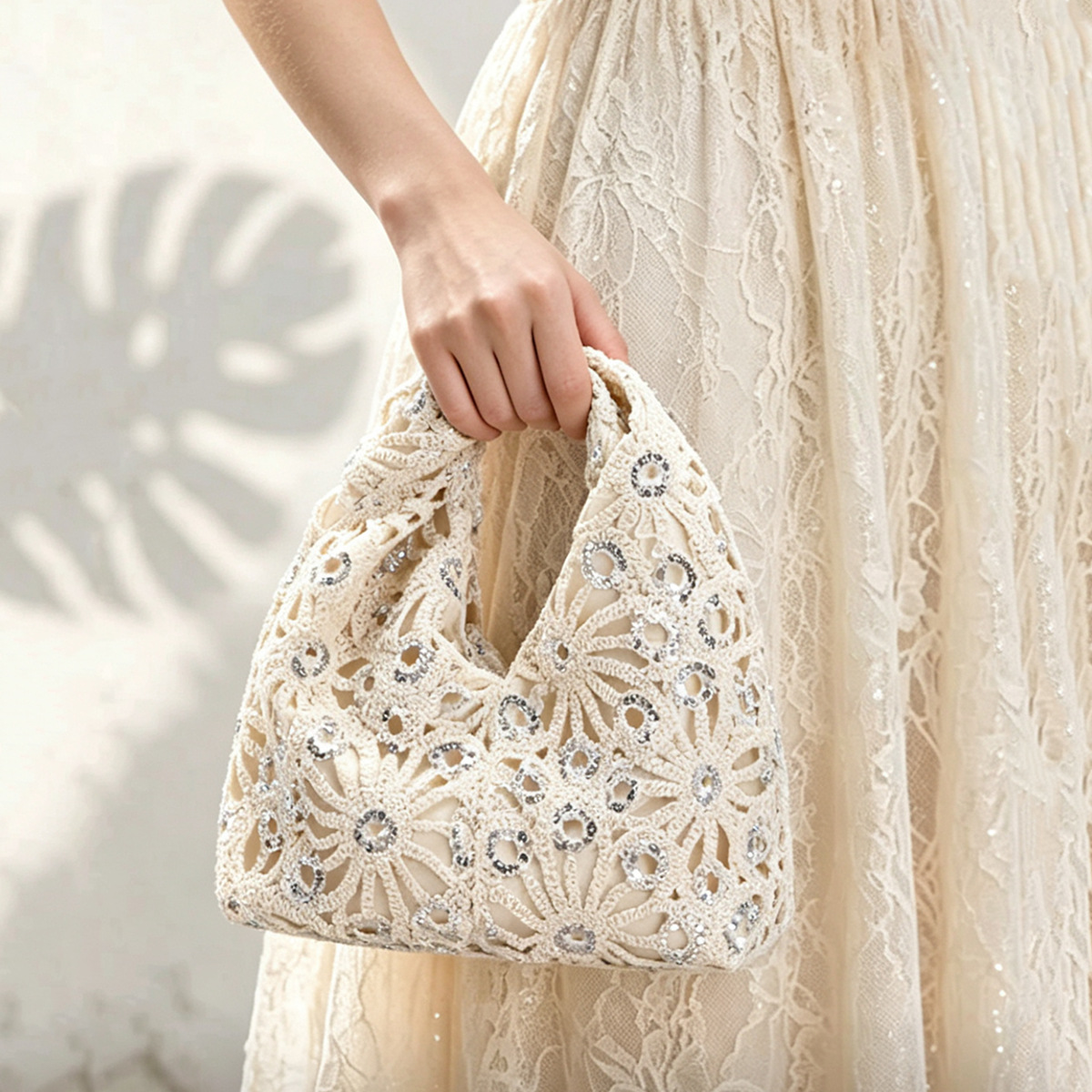 Hollow Crochet Handle Bag Women's Silver Sequins Decoration Twist Bag Handbag Vacation Style Spliced Pleated Bag