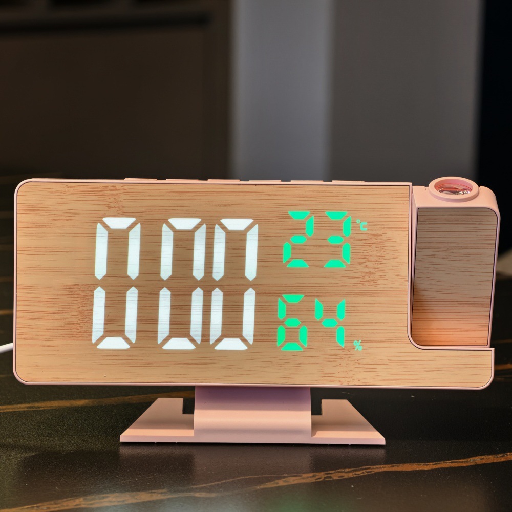 Modern Simple LED Large Screen Projection Clock Desktop Digital Alarm Clock ABS Shell Bamboo Surface Temperature and Humidity Display