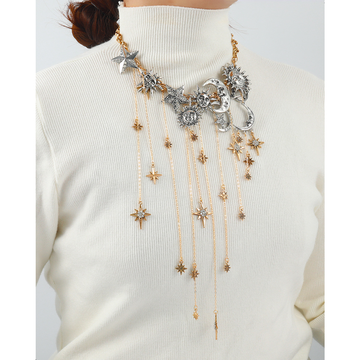 ZA exaggerated big brand multi-layer tassel pendant moon star sun full rhinestone necklace for women bohemian style