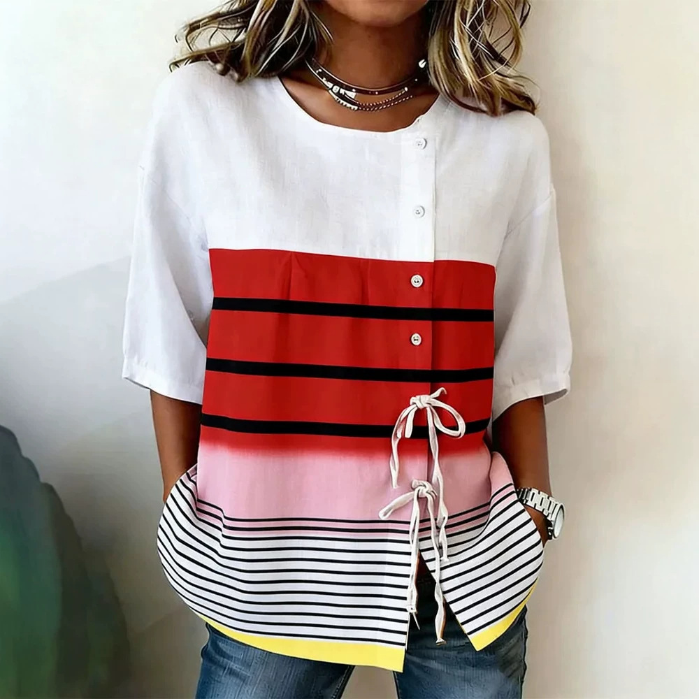 2026 New Summer Women's Top Printed Casual Short Sleeve Drawstring Bow Blouse