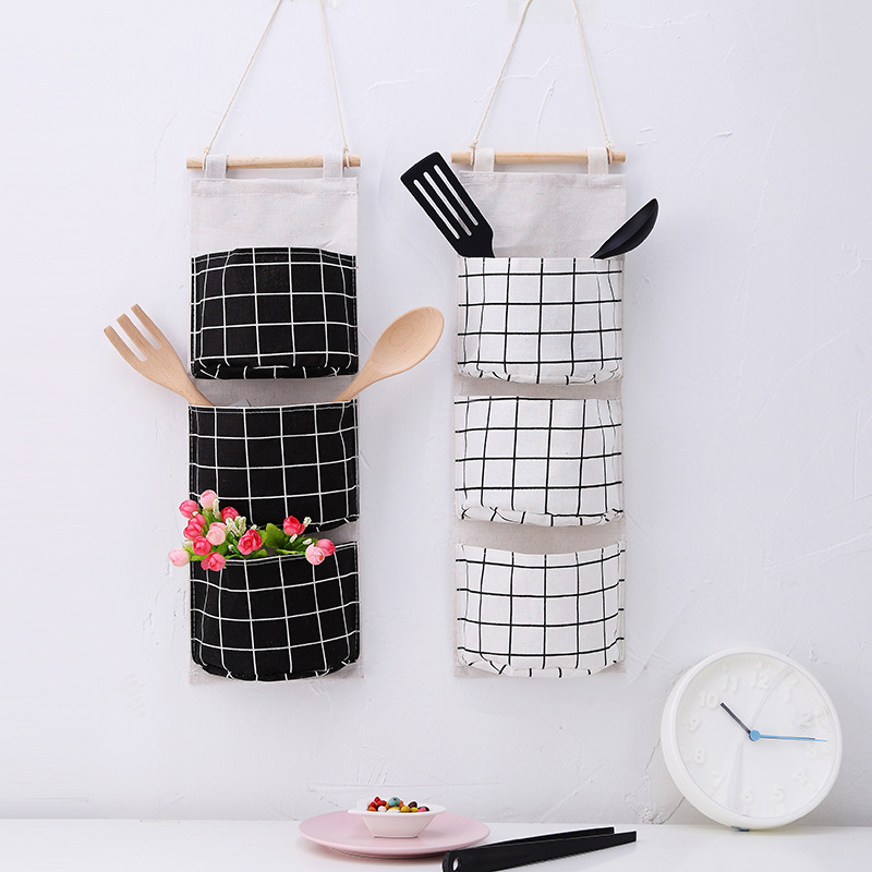 Grid Linen Storage Hanging Pouch with Three Pockets, Door Organizer, Simple Hanging Storage Pouch