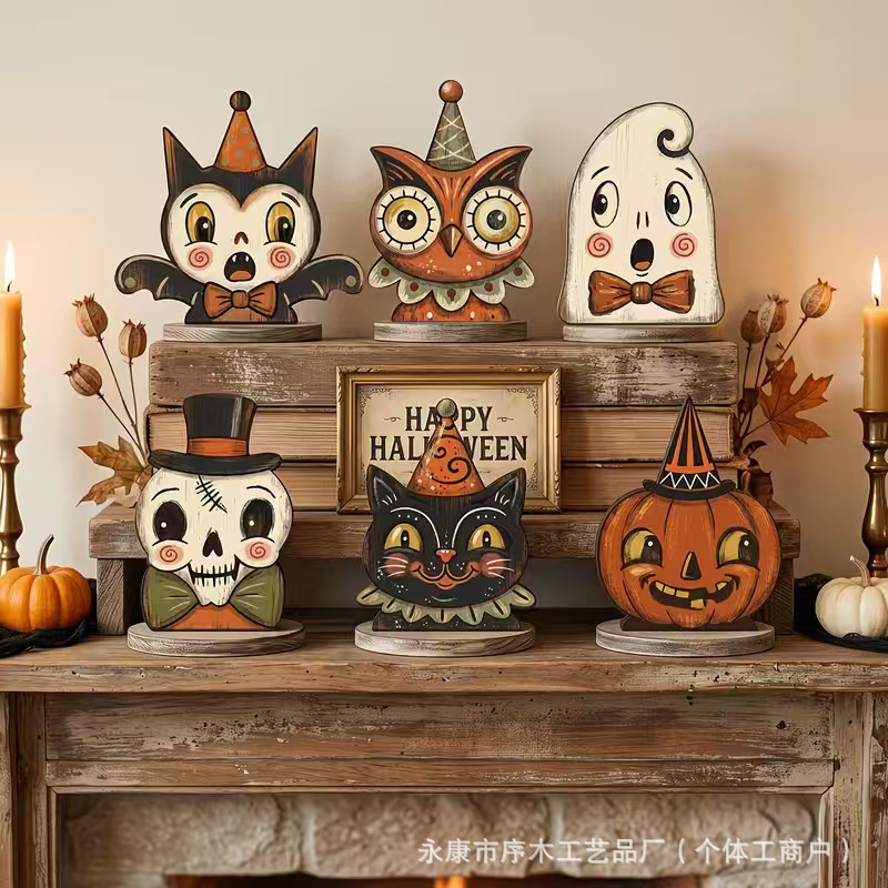 Halloween Wooden Tabletop Tray Ornament Ghost Black Cat Pumpkin Owl Home Window Display Decoration