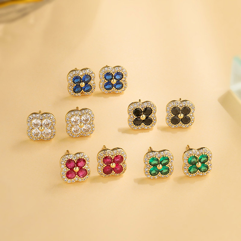 Copper Inlaid Colorful Diamond Four-Leaf Clover Stud Earrings for Women Flower Petal Earrings Earrings