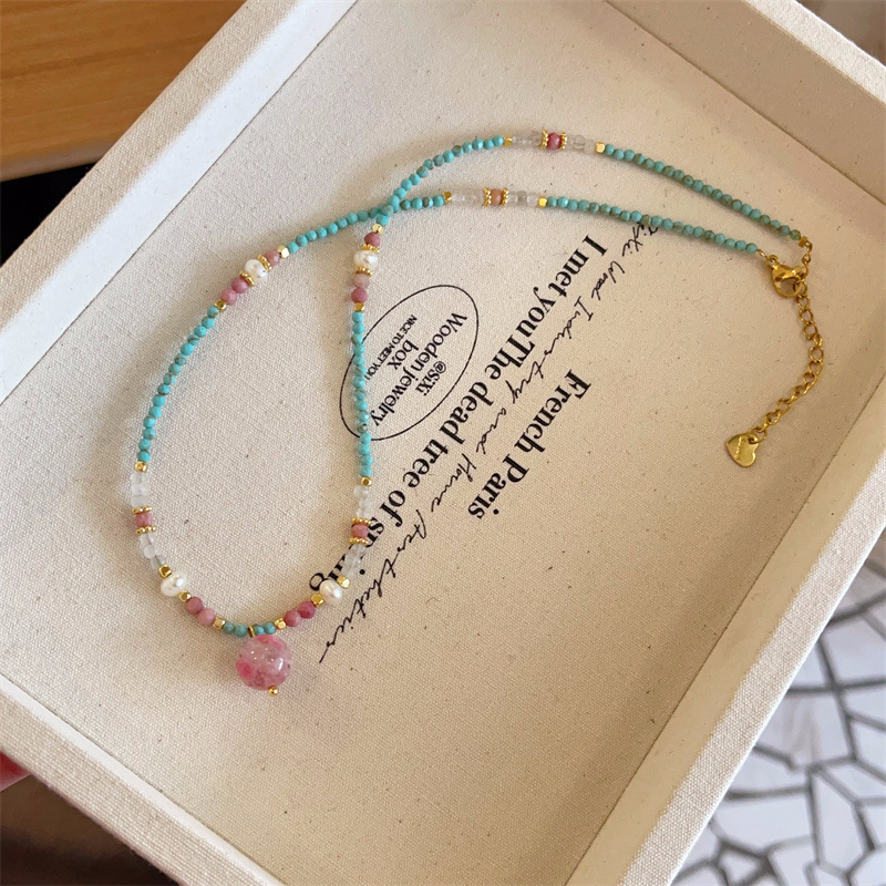 Fresh Natural Turquoise Freshwater Real Pearl Rose Quartz Necklace Contrast Color Collarbone Chain Simple Necklace