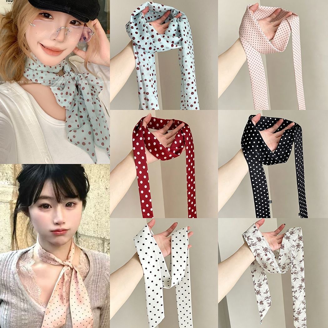 Gentle pink polka dot silk scarf for women minimalist eye-catching thin necktie neck accessory floating hair tie