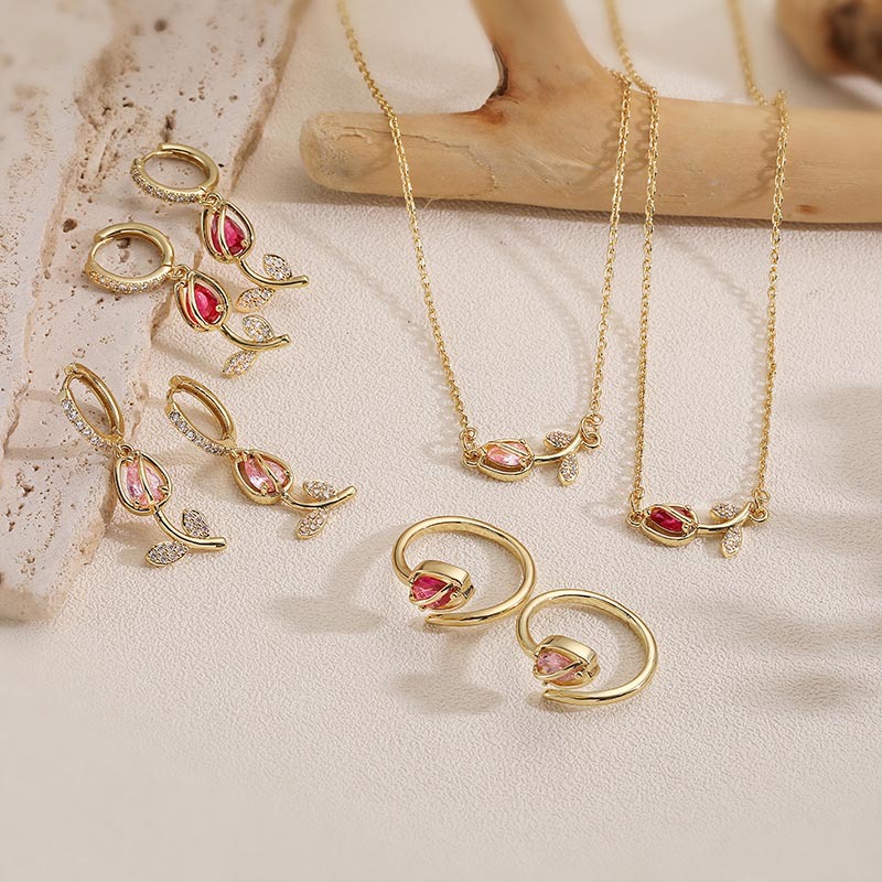 Copper Inlaid Colorful Diamond Tulip Ring, Earrings, Necklace for Women Flower Petal Jewelry Set