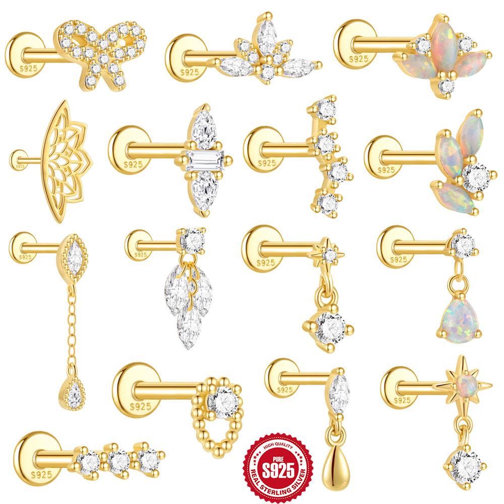 S925 sterling silver geometric diamond-set bow flat head threaded ear bone studs opal earrings ear studs