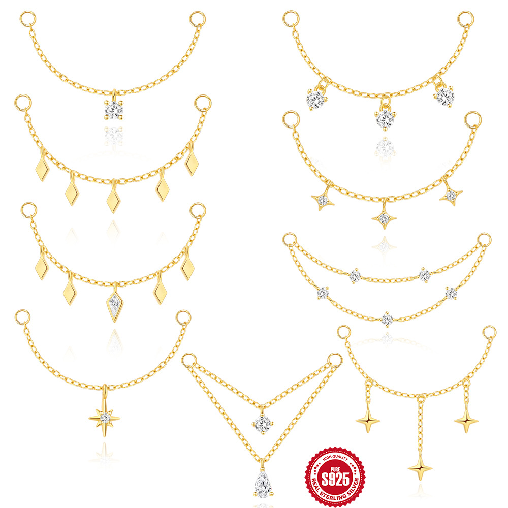 New S925 sterling silver tassel diamond-set pendant earring long chain cartilage chain piercing earring chain accessories women