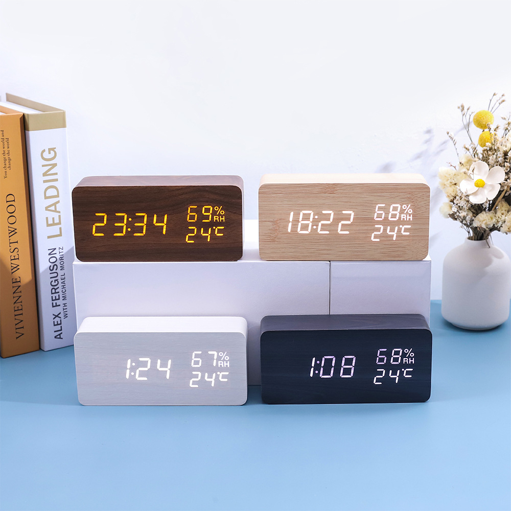 Wooden alarm clock LED student alarm clock, rechargeable digital display electronic alarm clock, wooden clock decoration